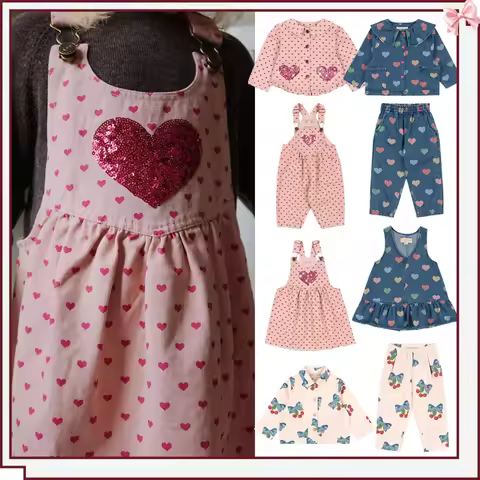 2025 KS Children Denim Clothes Set Toddler Girls Heart Print Jacket Jeans Kids Cute Overalls Dress G
