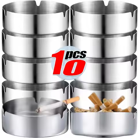 10/1pc Smoke Ashtray Stainless Steel Cigarette Ash Silver Metal Ash Holder Heavy Duty Tabletop Ashtr