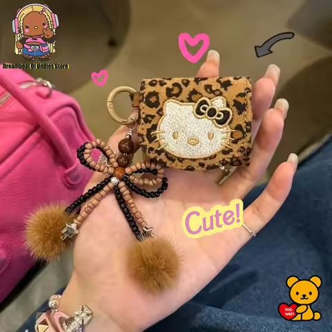 Leopard Print Hello Kitty Cute Cartoon Earphone Case with Lanyard Strap for Apple AirPods 1 2 3 3rd 