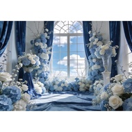 7X5FT French Window Background Romantic Blue White Flowers Girl Birthday Wedding Photography Backgro