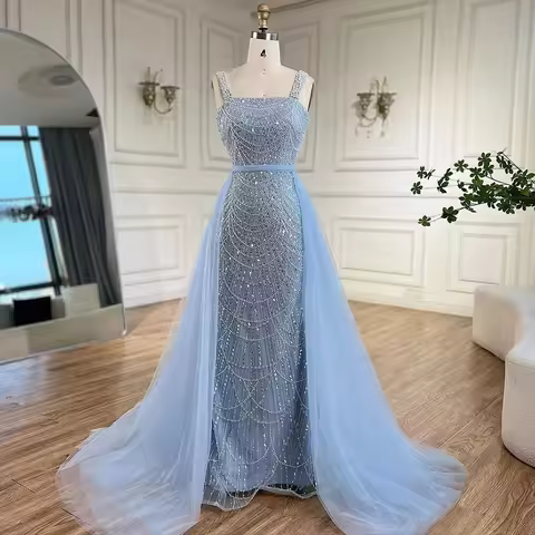 Serene Hill Turquoise Mermaid Beaded Pearls Spaghetti Straps Evening Dresses Gowns Party Dress for W