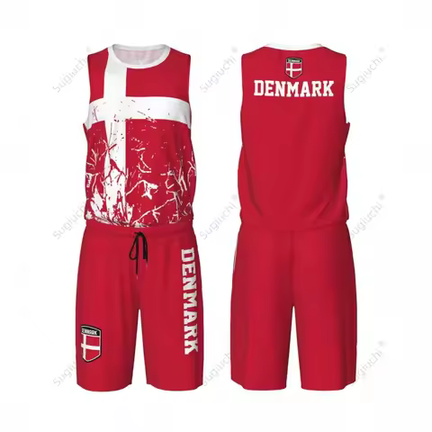 Denmark Flag Grain Men Basketball Set Shirt & Pants Sleeveless