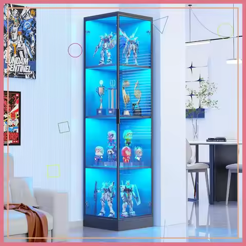 4-Tier Corner Display Cabinet with LED Lights & Motion Sensor, Black Curio Case for Collectibles