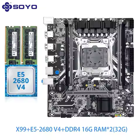 SOYO X99 Motherboard Kit: Xeon E5-2680 v4 CPU, 32GB DDR4 2133 Mhz RAM(16G*2), NVMe M.2 & SATA Workst