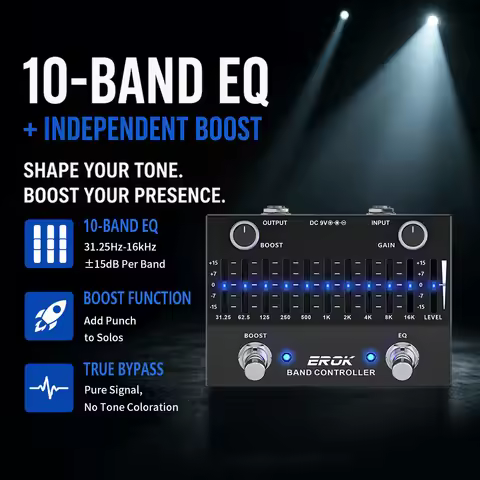EROK EQB-10 10 Band EQ Equalizer Pedal for Guitar Bass DC 9V True Bypass Boost Gain Aluminum Alloy S