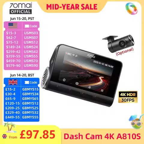 70mai Dash Cam A810S Front 4K Rear 1080P Support 4G Module GPS & ADAS Night Vision Supercapacitor Ca