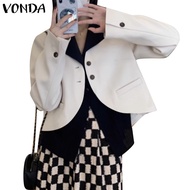 VONDA Women Korean Collar Fake Pockets Long Sleeve Contrast Color Blazer