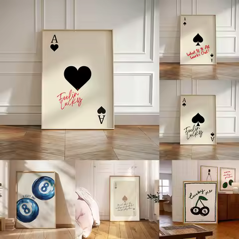 Fashion Feeling Luncy Heart Playing Card Canvas Print Lucky Me No. 8 Ball Cherry Food Wall Art Poste