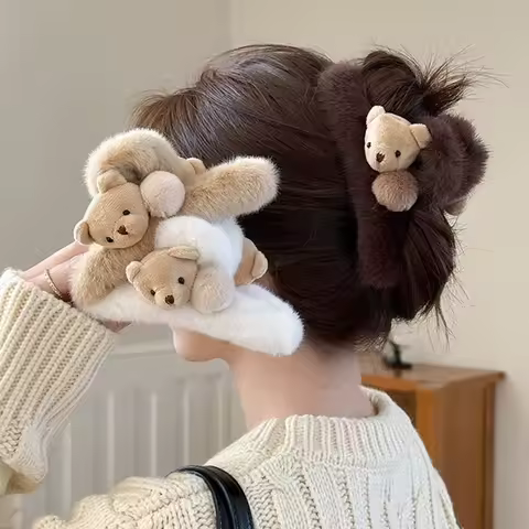 Cozy Fluffy Teddy Bear Claw Clips Soft Fur Textured Cute Double-Bear Design Adorable Hair Accessorie