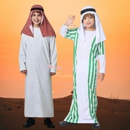 Kids Middle Eastern Thobe Costume Set with Ghutra Headscarf White and Green Striped