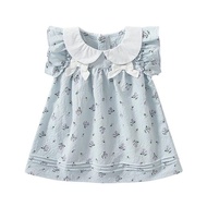Summer Kids Baby Girls Dress Fresh Printed Doll Collar Blue Cotton Check Kids Sleeveless Bowknot Printing Dress 0-4Yrs