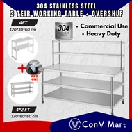 120*60cm (4FT) 3 Tier Stainless Steel Working Table Workbench with Over shelf Extend Height Table To
