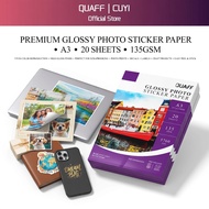QUAFF A3 Glossy Photo Sticker Paper 135GSM 20 Sheets Inkjet Printer Compatible