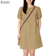 ZANZEA Women's Korean Style Puffed Sleeve Mini A-Line Dress