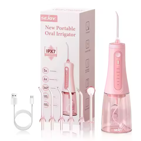 SEJOY Portable Electric Dental Water Flosser Irrigator Teeth Whitening Strips 350ML Tank 5 Modes 6 J