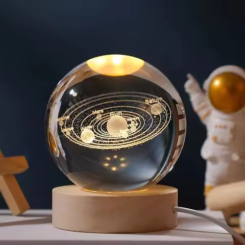 6/8cm 3D Crystal Ball Planet Night Light Laser Engraved Solar System Globe Astronomy Festival Gifts 