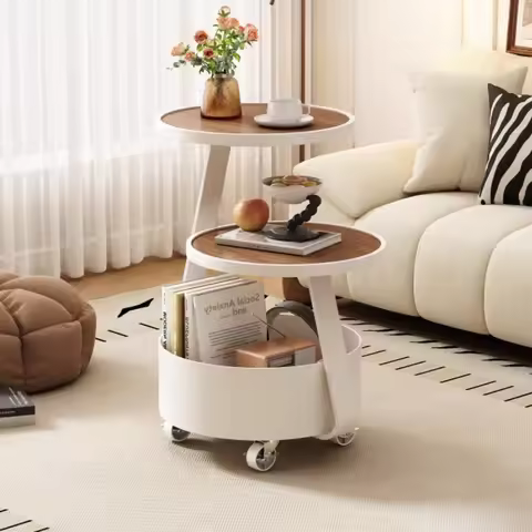 Walnut Veneer Stone Side Table Cream Style Stain-Resistant Tea Table Movable 3-Tier Bedside Organize