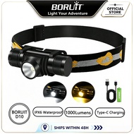BORUiT D10 LED Powerful Headlamp yellow/white light 18650 Recharheable Head Torch Waterproof for Cam