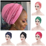 【Shop the Look】 Sequins Hijabs Headscarf Bonnet Twisted Turban Cap For Lady Handmade African Headtie