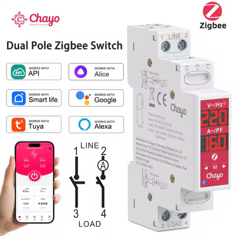L/N or L/L 2P 18mm Zigbee Smart Switch 16A 100-240V Over/Undervoltage Auto/Manual Reclose Tuya Smart