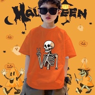 Halloween Cartoon Skull Pattern Kids T-Shirt Funny Spooky Graphic Short Sleeve Costume Party Outfit