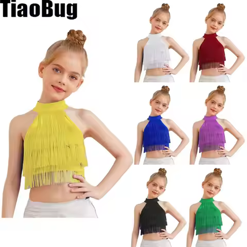 Kids Girls Latin Dance Vest Costume Fringe Crop Top Sleeveless Strappy Back Tiered Tassels Vest
