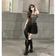 สไตล์อเมริกัน การไล่ระดับสี เดนิม คอคล้องคอ เสื้อครอป ฤดูร้อน สินค้าใหม่ สลิมฟิต อินเทรนด์ สตรีทแวร์