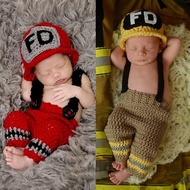 Hi-Kid Firefighter Baby Photography Suit Fireman Photo Props Handmade Children's Knitted Hat