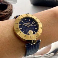 VERSUS VERSACE手錶,編號VV00335,34mm金色圓形精鋼錶殼,寶藍色中三針顯示, 幾何圖形錶面,寶藍真皮皮革錶帶款,立體感十足!, 良工巧匠之作!