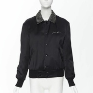 new SAINT LAURENT Je T'aime Teddy black satin crystal collar bomber jacket FR34