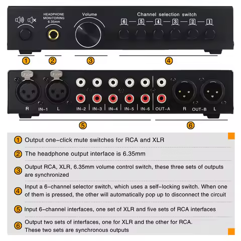 B081 6 Input 3 Outupt Audio Signal Selector Switcher Balanced Line Selector Multi-channel Switcher R
