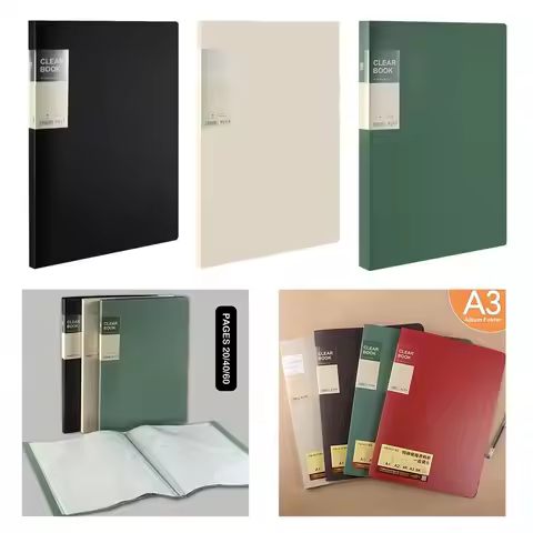 A3 Clear Book Multicolor Transparent Inner Page Folder 20/40/60 Pages Big Size Document Storage File