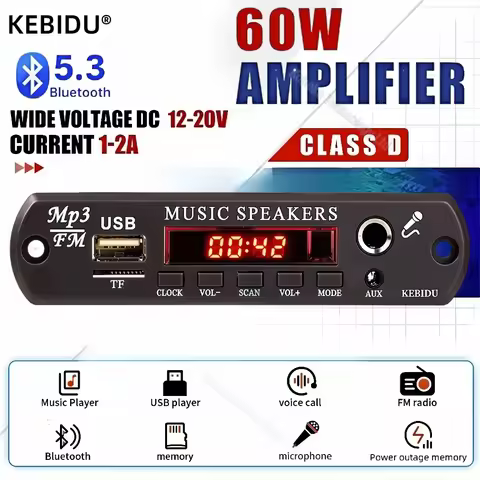 60W Amplifier Bluetooth 5.3 MP3 Decoder Board DIY Car Radio Module 12V 6.5mm Mic Jack USB TF AUX Pla