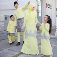 Set Family Kurung Moden Elisa「 Warna Soft Yellow」Sedondon Set Keluarga Baju Melayu Dan Baju Kurung Warna Kuning Cair