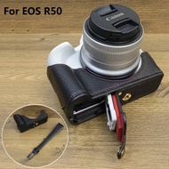 เคสหนังของแท้สำหรับ Canon EOS R50ฐานป้องกันด้านล่างกระเป๋าแบตเตอรี่ฝาครอบเปิดพร้อมสายรัดข้อมือสำหรับ EOS R50