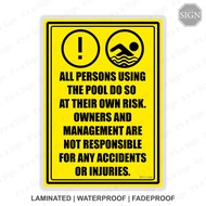 Pool Swimming Safety Risk Sign - Laminated Signage - A4 / A3 Size