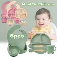 6pcs Baby Meal Set Silicone Infant Meal Training Cutlery Bib Suction Bowl Cup Spoon And Forks