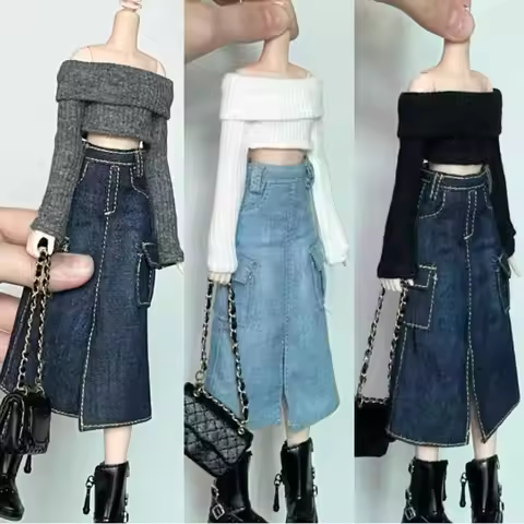 Slit Denim Skirt Bow Tie Tops For ob24 Dolls Casual Wear Jeans Skirt Knitted Sweaters Clothes for bl