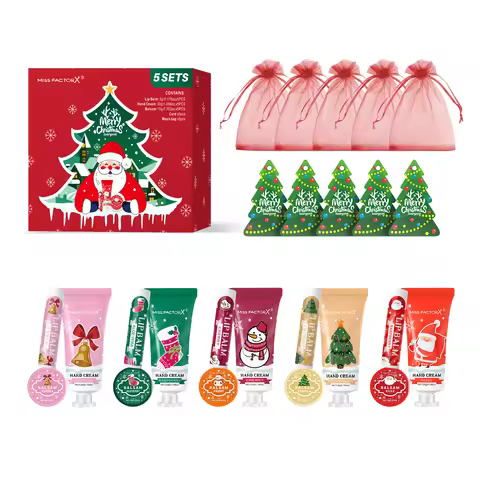 Christmas assembly gift set -5 sets, including balm, hand cream, lipstick, red gauze bag, Christmas 