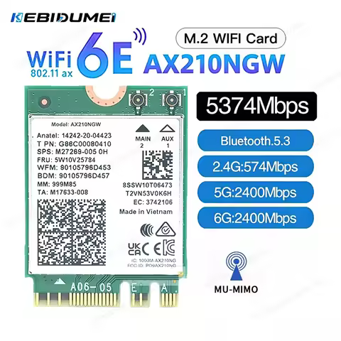 KEBIDUMEI WiFi 6E AX210NGW WiFi Network Card 5374Mbps BT5.3 802.11AX M.2 WiFi Adapter 2.4G/5G/6GHz A