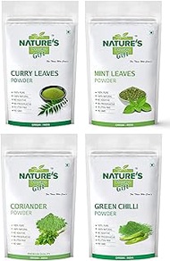 NATURE`S GIFT - FOR THOSE WHO CARE`S Curry Leaves Powder, Mint Powder, Coriander Leaves Powder &amp; Green Chilli Powder - 100 GM Each