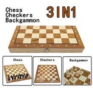 1 Set Chess Checkers Backgammon 3-In-1 Board Games Set, Wooden Chess Board With Plastic Chess Pieces
