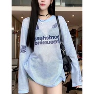 Mesh Top Hot Girl y2k American Hole Blouse Lazy Style Letter Print Hollow Round Neck Long Sleeve Sun
