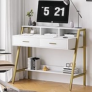 Tiptiper Computer Desk with Drawers, 41 Inches Modern Home Office Desk with Storage Shelf &amp; Monitor Stand, Simple Style Study Writing Table Laptop PC Workstation, Metal Frame, White and Gold