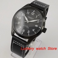 34n Corgeut 40mm Men watch black dial date window black steel case leather strap NH35 self-win 3X6