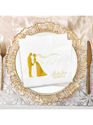 20入組2層婚禮餐巾,迎賓接待裝飾新娘派對婚禮酒會用,蛋糕甜點桌用黃金情侶配心6.5x6.5吋