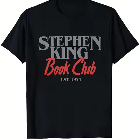 Men's Stephen King Book Club Graphic T-Shirt -Black with Red Vintage Literary Design -Heavyweight 10