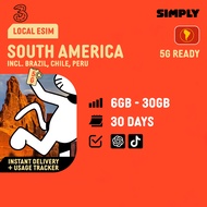 SIMPLY [eSIM] South America 30 Days | Total:6GB/12GB/18GB/30GB 3UK Local eSIM | No Registration Requ