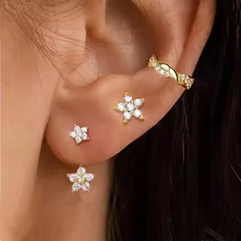 3PCS Crystal Flower Tragus Stud Earring Set Women Fashion Square Huggie Hoop Earring Bulk Cartilage 