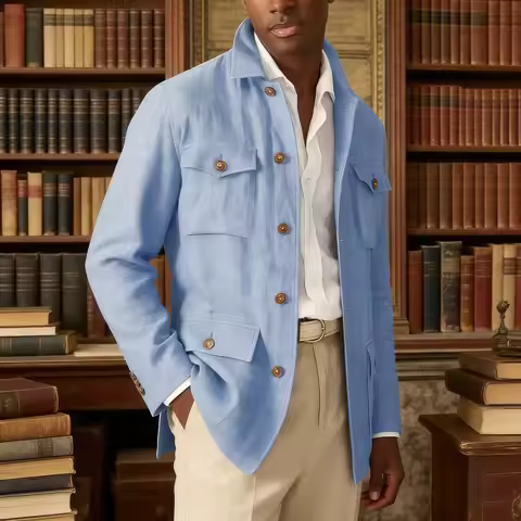 Men's Cotton Linen Safari Jacket Lapel Multiple Pockets Casual Breathable Lightweight Vintage Beach 